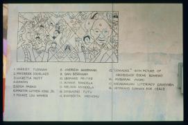 USA 1990/Atlanta, GA/peace activists quilt wall painting legend/1. Harriet Tubman/2. Frederick Douglass/3. Lucretia Mott/4. Gandhi/5. Rosa Parks/6. Martin Luther King Jr./7. Fannie Lou Hammer/8. Andrew Goodman/9. Dan Berrigan/10. Leonard Peltier/11. Winnie Mandela/12. Nelson Mandela/13. Desmond Tutu/14. Rigoberta Menchu/15. 'Comadre' with picture of archbishop Oscar Romero/17. Nicaraguan Literacy Campaign/18. Veterans' Convoy For Peace USA 1990/Atlanta, GA/peace activists quilt wall painting legend/1. Harriet Tubman/2. Frederick Douglass/3. Lucretia Mott/4. Gandhi/5. Rosa Parks/6. Martin Luther King Jr./7. Fannie Lou Hammer/8. Andrew Goodman/9. Dan Berrigan/10. Leonard Peltier/11. Winnie Mandela/12. Nelson Mandela/13. Desmond Tutu/14. Rigoberta Menchu/15. 'Comadre' with picture of archbishop Oscar Romero/17. Nicaraguan Literacy Campaign/18. Veterans' Convoy For Peace